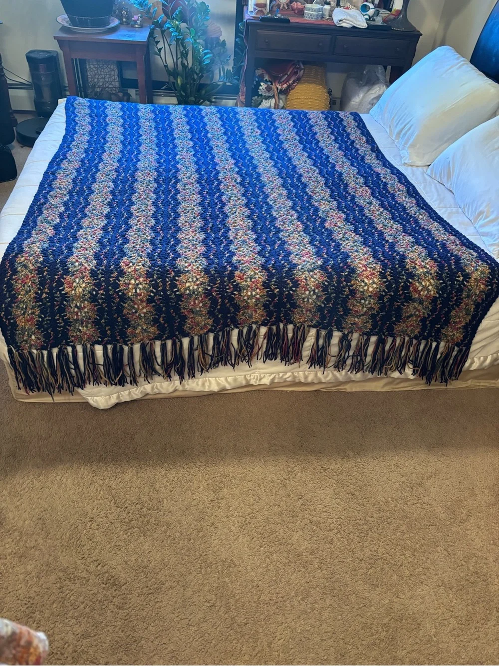 Hand Crochet large Afghan with fringe